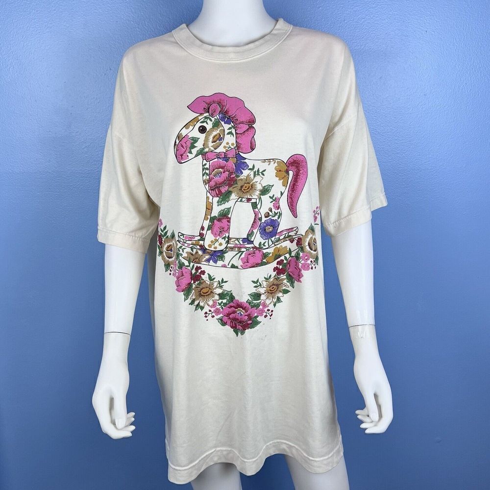 Vintage Milaca Large Rocking Horse Cream Pink Floral Oversize USA T-Shirt